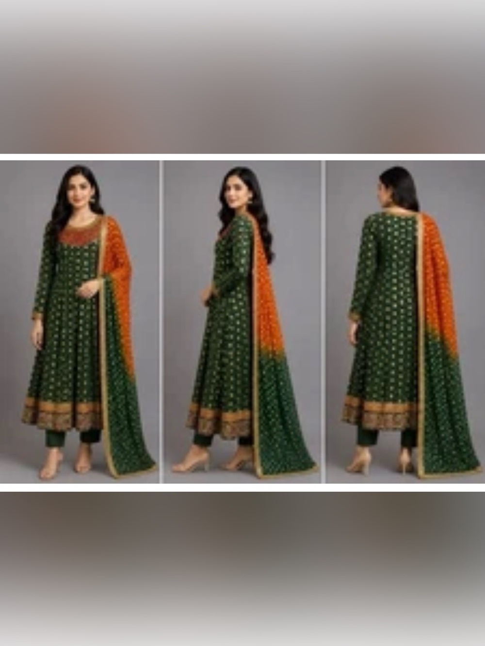 Green & Orange Long Sleeve Printed Kurta Set with Dupatta